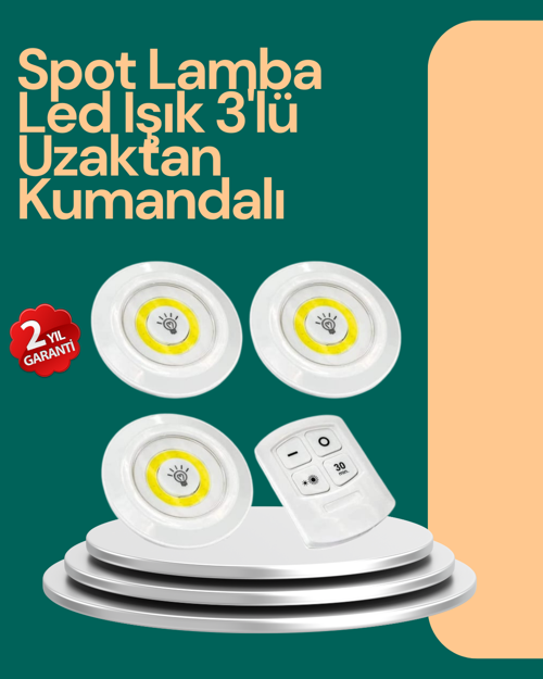 ASTRALTECH Uzaktan Kumanda İle Kontrol Edilebilen Yapışkanlı 3 Lü Kablosuz Led Spot Lamba