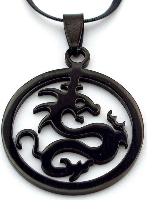 Ejderha Dragon İtalyan Yassı Siyah Çelik Erkek Kolye Q0694
