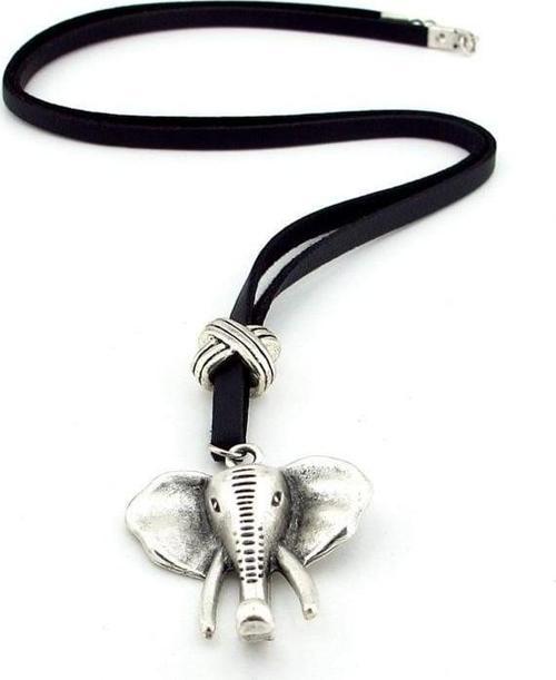 FİL ELEPHANT METAL MADALYON ORJİNAL SİYAH DERİ ERKEK KOLYE Q0653