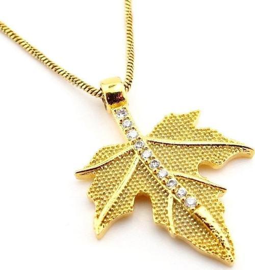 Çınar Yaprak Zirkon Taşlı Sarı Paslanmaz Çelik Zincir Kadın Kolye Q0784