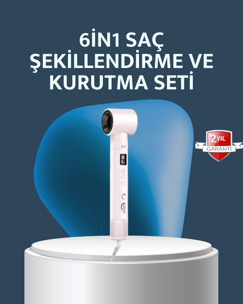 ASTRALTECH 6-in-1 Saç Şekillendirme Seti Yüksek Hızlı Motor Negatif İyon LCD Ekran