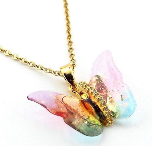 Kelebek Pembe Saydam Kanatlı Sarı Çelik Zincir Kadın Kolye Zincir Q0803