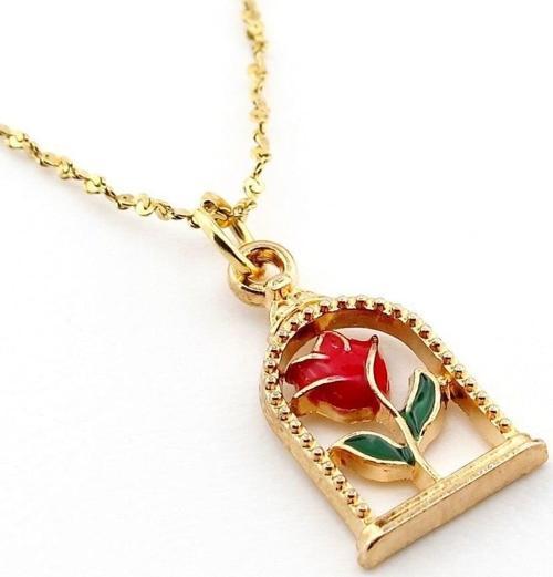 Kırmızı Gül Çiçek Sarı Paslanmaz Çelik Zincir Kadın Kolye Q0782