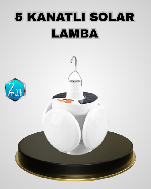 ASTRALTECH 5 Kanatlı Solar Kamp Lambası – USB Şarjlı, Taşınabilir, IP65 Su Geçirmez Bahçe Lambası