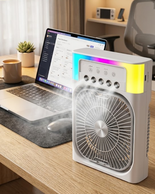 ASTRALTECH USB Şarjlı Masaüstü Soğutucu Fan Su Püskürtmeli Renkli Işıklı