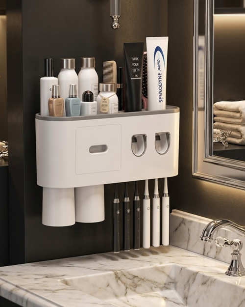 ASTRALTECH Çift Dispenserli Diş Macunu Sıkacağı 6 Fırçalık Bardaklı Banyo Organizer