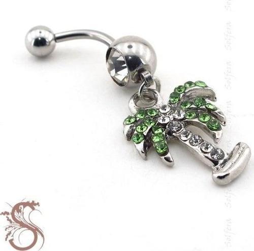 YEŞİL TAŞLI PALMİYE AĞAÇ ÇELİK GÖBEK PİERCİNG P457