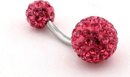 PEMBE KRİSTAL TAŞLI DİSKO TOPU ÇELİK GÖBEK PİERCİNG P444