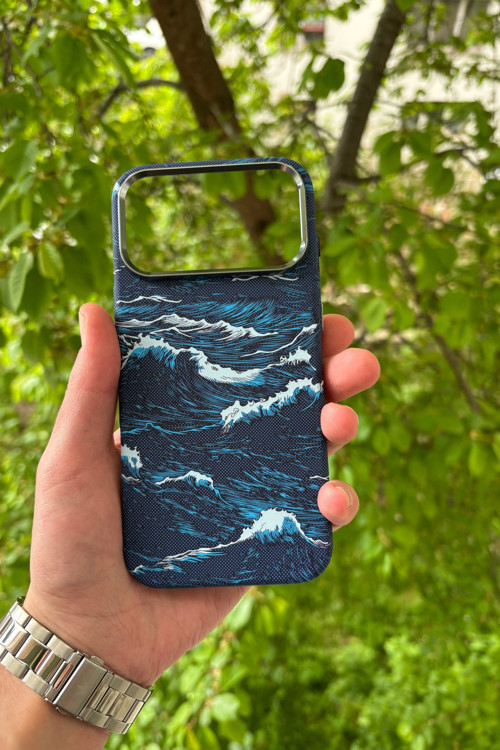 iPhone 17 Pro Deniz Dalgası Desenli Soft Dokulu Karbon Fiber Magsafe Kılıf