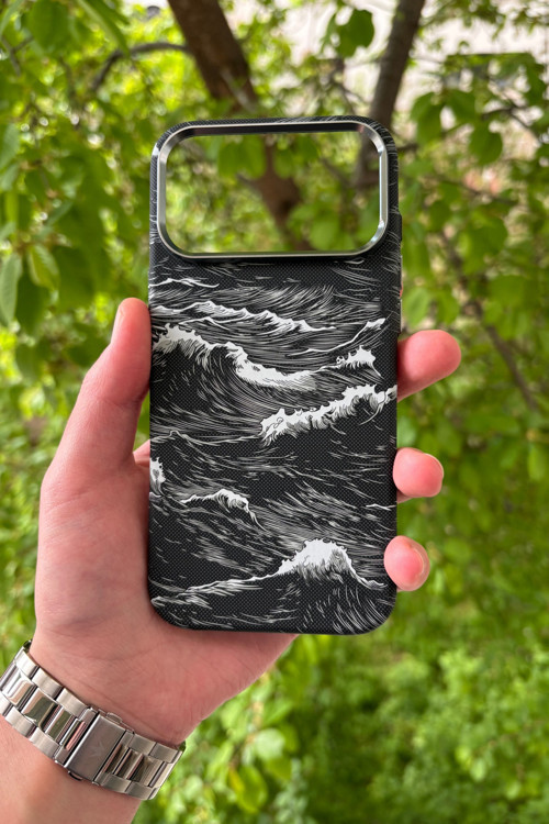 iPhone 17 Pro Max Deniz Dalgası Desenli Soft Dokulu Karbon Fiber Magsafe Kılıf
