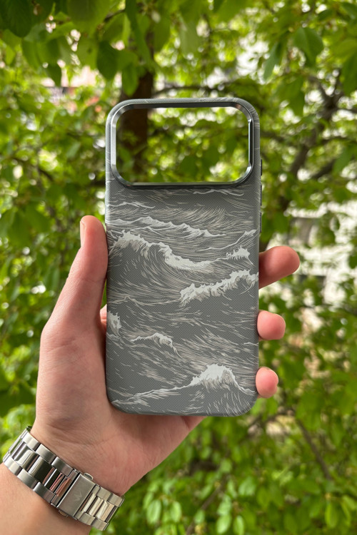 iPhone 17 Pro Max Deniz Dalgası Desenli Soft Dokulu Karbon Fiber Magsafe Kılıf