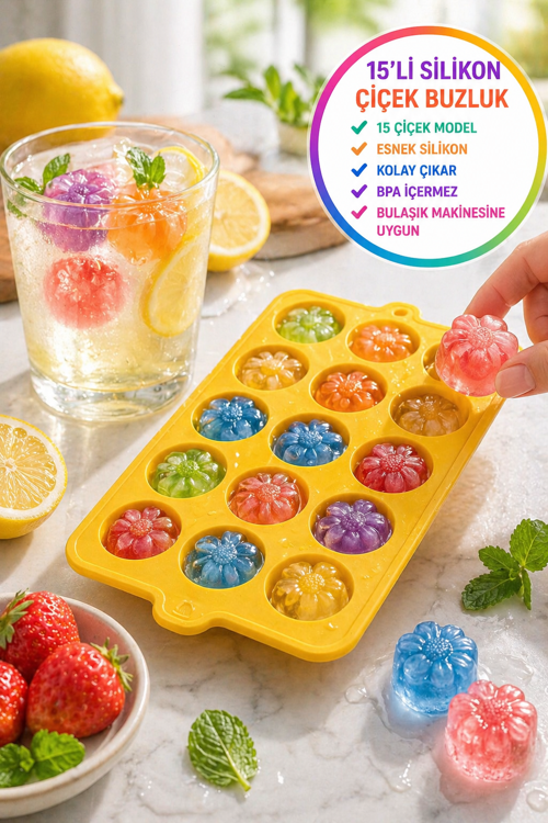 15’li Silikon Çiçek Buz Kalıbı Renkli Buzluk Esnek Kolay Çıkarma BPA Free Buz Yapıcı