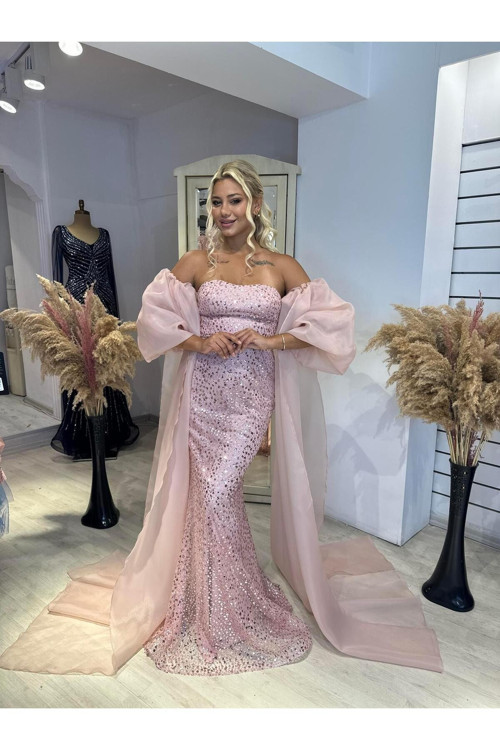 Straplez Kol Detaylı Balık Abiye