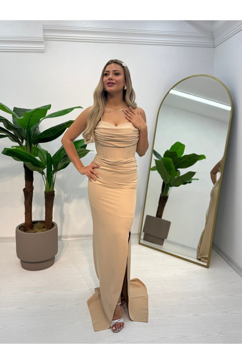 ASKILI YIRTMAÇLI KREP ELBİSE