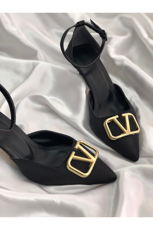 Donna Siyah Saten V Tokalı 7 Cm Topuklu Ayakkabı Stiletto