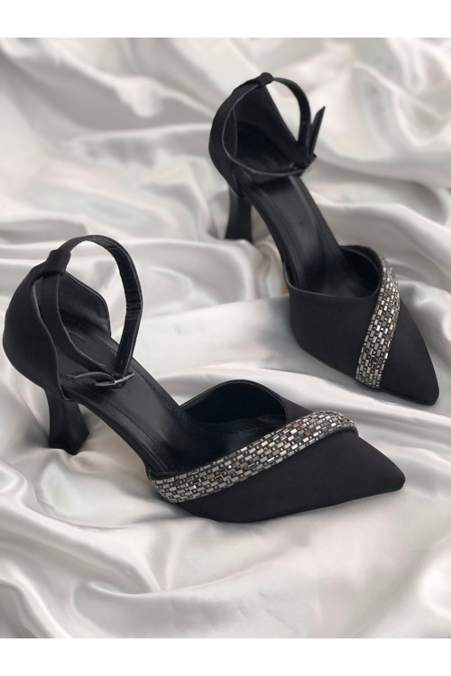 Ilona Siyah Saten Taşlı 9 Cm Topuklu Stiletto