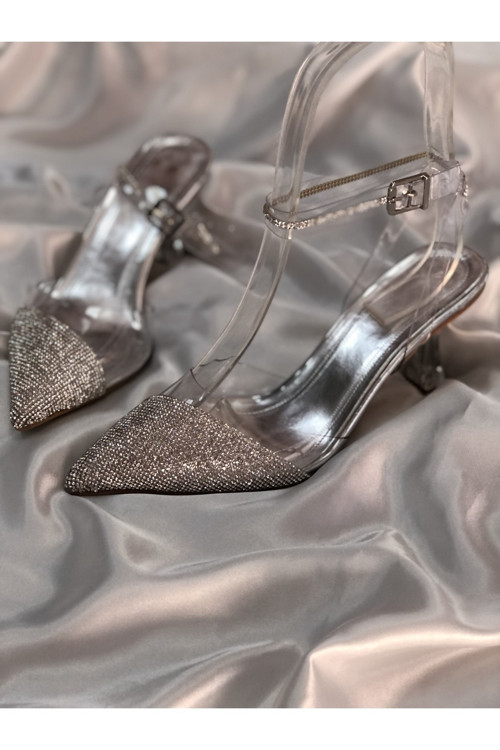 Gümüş Şeffaf Kemer Taş Detaylı Topuklu Stiletto