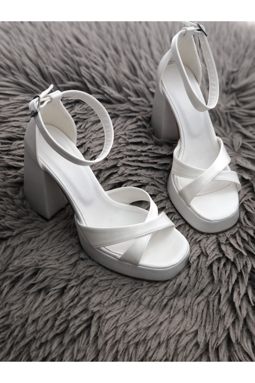 Ruza Beyaz Saten Topuklu Platformlu Stiletto