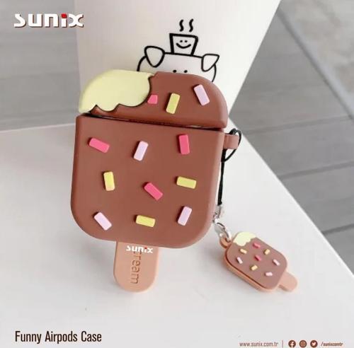 Airpods 1 ve 2. Nesil Uyumlu Dondurma Desenli Funny Silikon Kılıf Kahverengi
