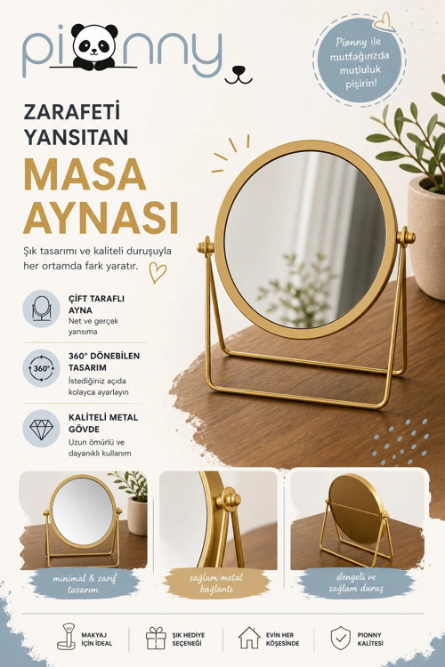 Masa Üstü 15 cm Tek Taraflı Gold Yuvarlak Dönen Metal Masa Aynası