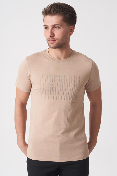 Rio de Janeiro 3087 Slim Fit Bisiklet Yaka Pamuklu Likralı T-Shirt Ekru
