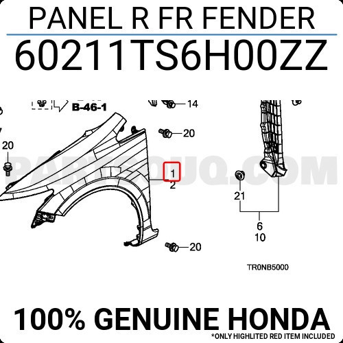 Honda Civic Ön Çamurluk Sağ 2012- (Oem No: 60211Ts6H00Zz)