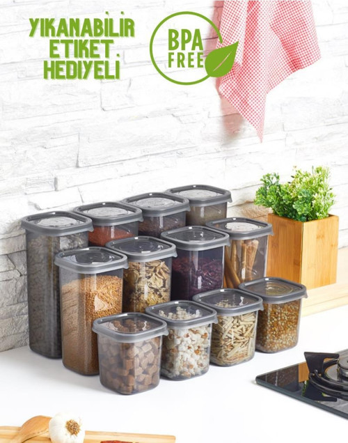Lüks Füme 12'li Erzak Saklama Kabı Etiket Hediyeli
