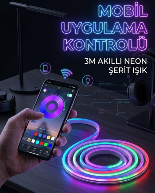 ASTRALTECH 3 Metre RGB Neon LED Şerit Işık Su Geçirmez Kumandalı ve Uygulama Kontrollü Dekoratif Aydınlatma