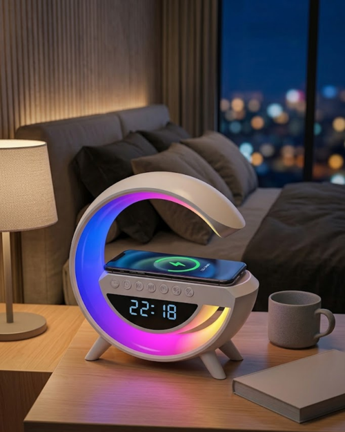 ASTRALTECH Kablosuz Şarjlı LED Işıklı Masa Saati Bluetooth Hoparlör Alarm Fonksiyonlu