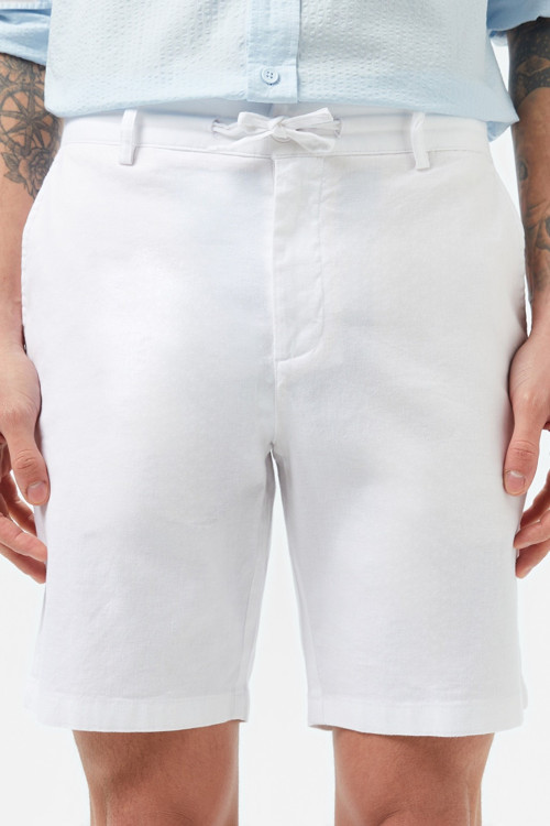 Men's Regular Fit White Bermuda Shorts Erkek Keten Pamuk Bermuda Şort Beyaz