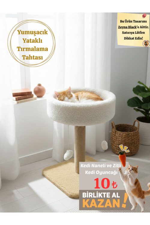 Yuvarlak Kedi Yatağı Yumuşacık Peluş Kedi Tırmalama Tahtası ve Kedi Evi- 4'lü Ponpon Oyunlu 55 cm
