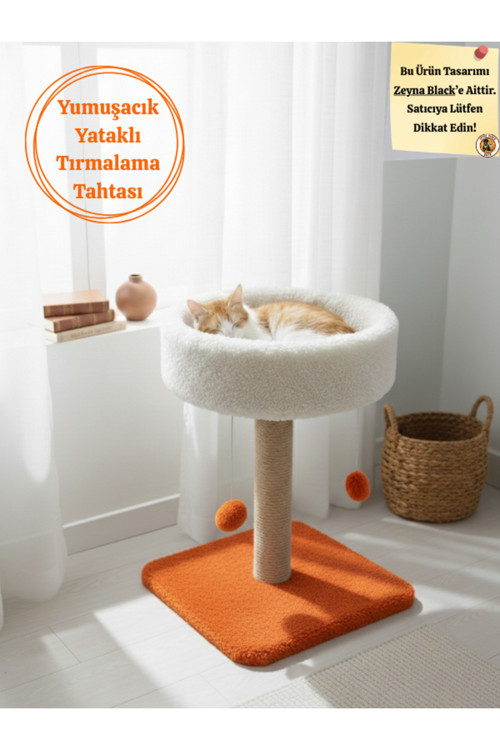 Yuvarlak Kedi Yatağı Yumuşacık Peluş Kedi Tırmalama Tahtası ve Kedi Evi- 4'lü Ponpon Oyunlu 55 cm