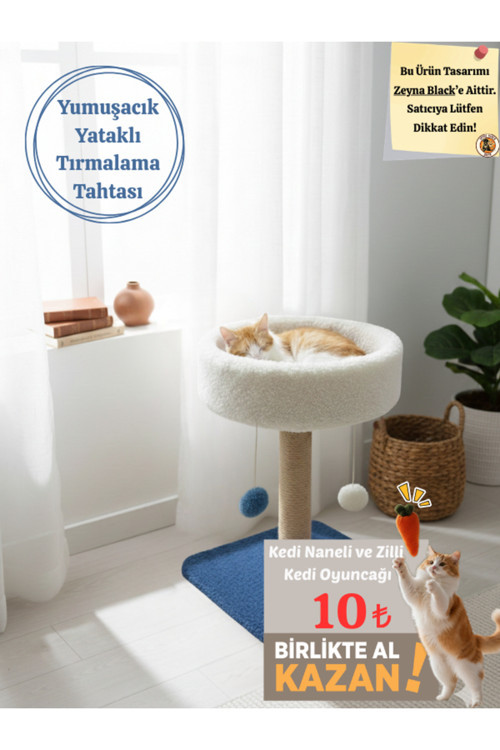 Yuvarlak Kedi Yatağı Yumuşacık Peluş Kedi Tırmalama Tahtası ve Kedi Evi- 4'lü Ponpon Oyunlu 55 cm