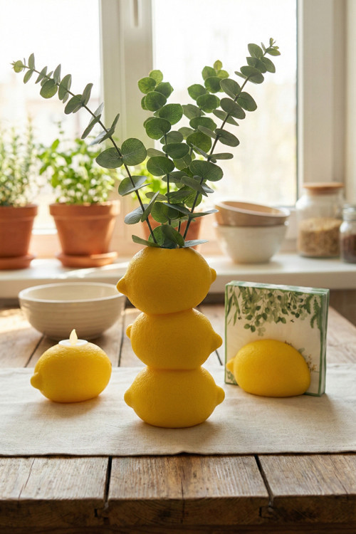 Dekoratif Üç Katlı Limon Tasarım Vazo - Mutfak Ve Salon Dekorasyonu Kuru Çiçek - Bioplastik