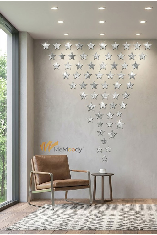 Dekoratif Yapışkanlı Yıldız Pleksi Ayna 5X5Cm 20 Adet Gümüş