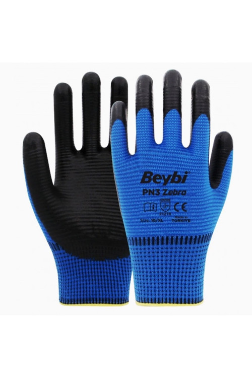 Pn3 Zebra Mavi Polyester Örme Nitril Inşaat Eldiveni 10 Beden -12 Çift