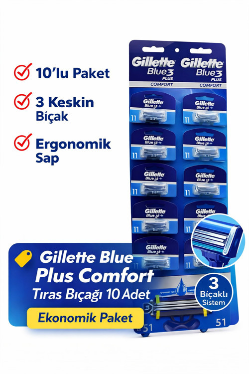 Jilet Blue 3 Plus Comfort Tıraş Bıçağı 10 Adet – 3 Bıçaklı Ergonomik Saplı Erkek Tıraş Bıçağı Seti