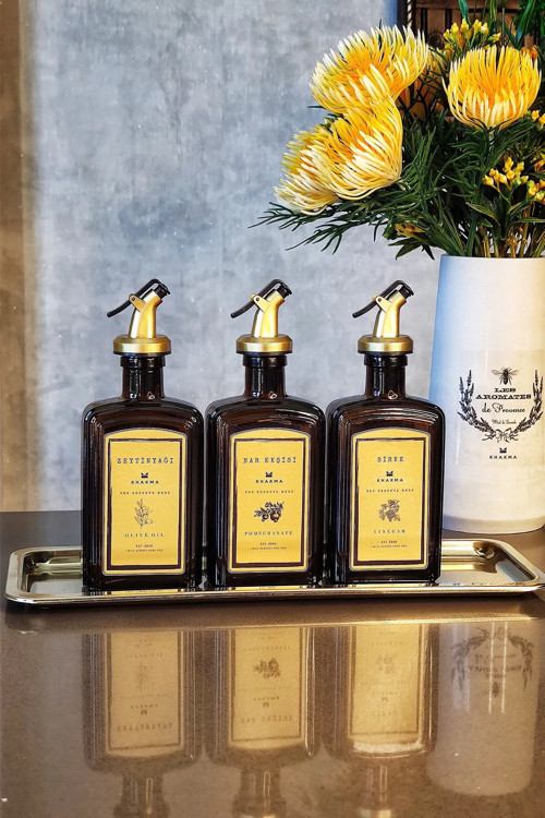 Gold Çelik Stantlı Amber Zeytinyağı Nar Ekşisi Sirke Şişesi Yağdanlık 3Lü Set Goldçelikcb3