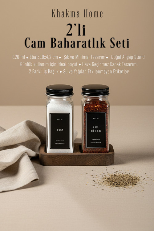 Ahşap Standlı 2'Li Cam Baharatlık Seti Tuzluk Biberlik | 120 Ml | Siyah Kapak Ve Siyah Etiketli