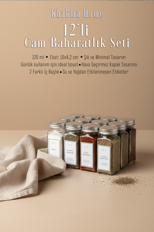 12'Li Cam Baharatlık Seti | 120 Ml | Gümüş Kapak Beyaz Etiket | Minimal Tasarım