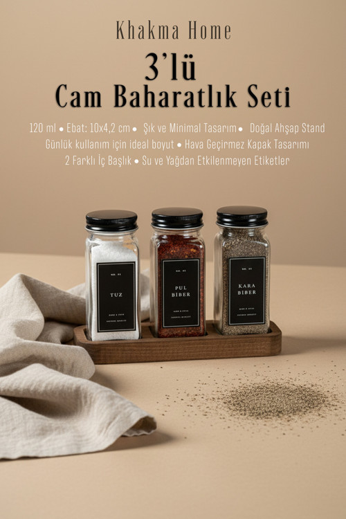 Ahşap Standlı 3'Lü Cam Baharatlık Seti | 120 Ml | Siyah Kapak Ve Siayah Etiketli | Minimal Tasarım