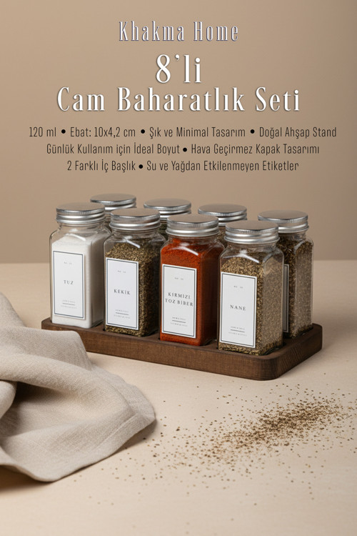 Ahşap Standlı 8'Li Cam Baharatlık Seti | 120 Ml | Gümüş Kapak Beyaz Etiket | Minimal Tasarım