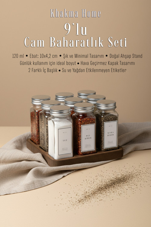 Ahşap Standlı 9'Lu Cam Baharatlık Seti | 120 Ml | Gümüş Kapak Beyaz Etiket | Minimal Tasarım