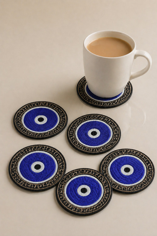 Klasik Nazar Boncuğu Nakışlı 6’Lı Bardak Altlığı Seti 9 Cm | Dekoratif Koruyucu Coaster | Siyah Çerçeveli