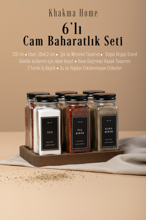Ahşap Dörtgen Standlı 6'Lı Cam Baharatlık Seti |120 Ml|Siyah Kapak Ve Siyah Etiketli|Minimal Tasarım
