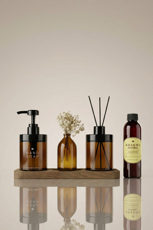 Ahşap Stantlı Amber Cam Sabunluk, Diffuser, Oda Kokusu Ve Vazolu Dekoratif Banyo Seti 220 Ml