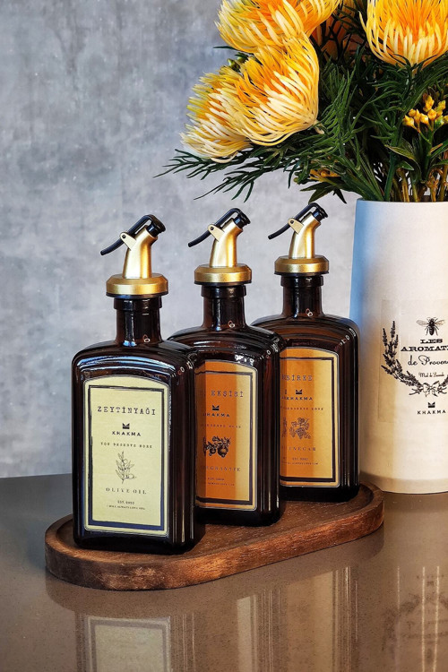 Ahşap Stantlı Amber Gold Zeytinyağı Nar Ekşisi Sirke Şişesi Yağdanlık 3Lü Set 250Ml Goldcb3