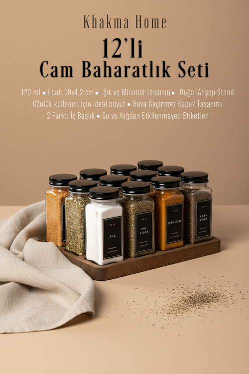 Ahşap Standlı 12'Li Cam Baharatlık Seti | 120 Ml | Siyah Kapak Ve Siyah Etiketli | Minimal Tasarım