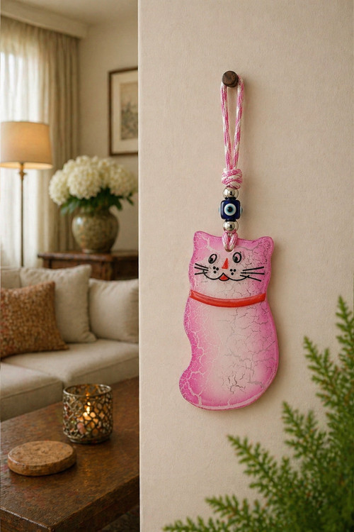 Pembe Kedi Nazar Boncuklu Duvar Süsü Kapı Süsü– Cam Nazar Kedi Dekoratif Duvar Aksesuarı