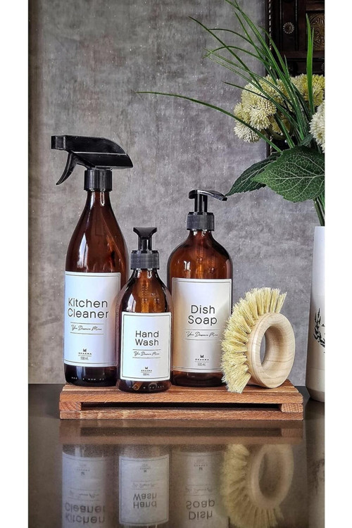 Ahşap Stantlı Fırçalı 3'Lü Amber Cam Bulaşık Deterjanı Kitchen Cleaner Sıvı Sabunluk 500Ml